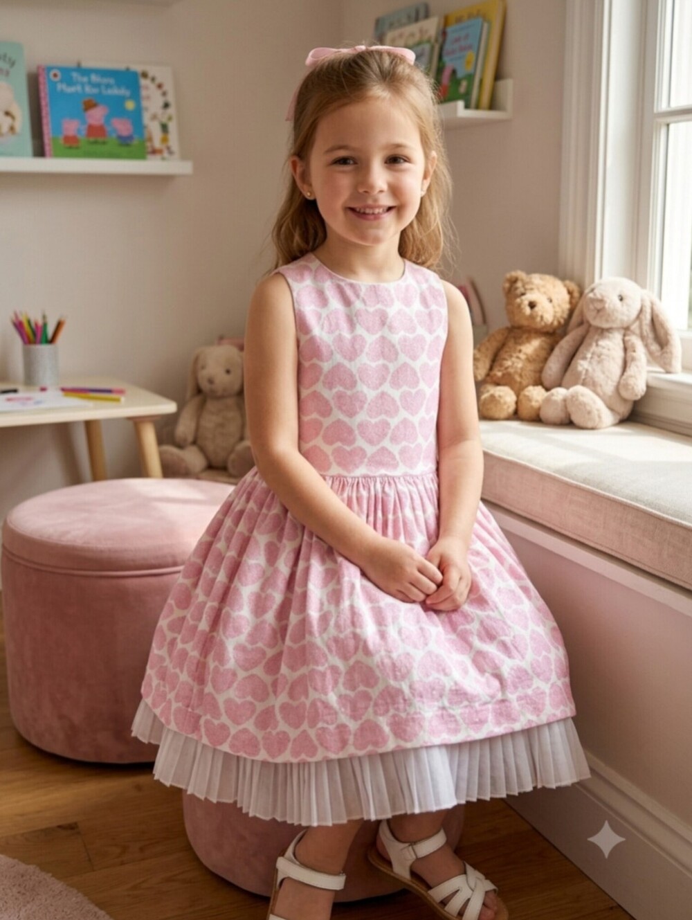 Mademoiselle Charlotte Couture Girls Dress Pink Hearts Pleated Tiered Hem Size 6